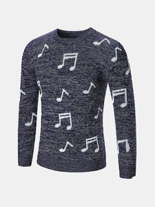 Mens Musical Note Pattern Pullover Crew Neck Wool Casual Sweater