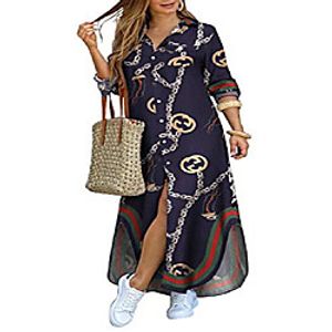 kuraki women's baroque print button front chain maxi shirt dress xl navy Lightinthebox