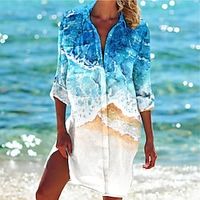 Women's Shirt Blouse Blue Graphic Abstract Button Print Long Sleeve Casual Holiday Hawaiian Basic Beach Shirt Collar Long S miniinthebox - thumbnail