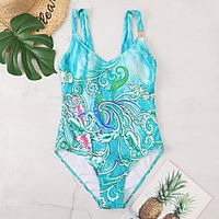 Women's Swimwear One Piece Monokini Swimsuit Print Blue Swimwear Bathing Suits New Party Casual  Fashion Lightinthebox - thumbnail