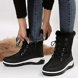 Women's Boots Snow Boots Daily Solid Color Fleece Lined Mid Calf Boots Winter Platform Round Toe Plush Casual Comfort Walking Elastic Fabric Lace-up Black Burgundy Gray miniinthebox