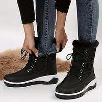 Women's Boots Snow Boots Daily Solid Color Fleece Lined Mid Calf Boots Winter Platform Round Toe Plush Casual Comfort Walking Elastic Fabric Lace-up Black Burgundy Gray miniinthebox - thumbnail