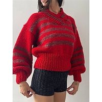 Women's Pullover Sweater Jumper Crew Neck Ribbed Knit Acrylic Patchwork Fall Winter Regular Outdoor Daily Going out Stylish Casual Soft Long Sleeve Color Block Black Wine Red S M L Lightinthebox - thumbnail