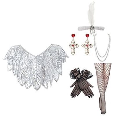 6 Pcs 1920s Flapper Costume Accessories Women's Shawl Wraps Feather Headpiece Necklace Fishnet Tights Gloves Earrings Retro Vintage Roaring 20s Lightinthebox
