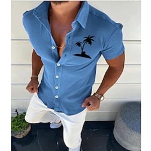 Men's Shirt Solid Color Tree Turndown Standing Collar Street Casual Button-Down Print Half Sleeve Tops Designer Casual Fashion Breathable White Black Blue / Summer miniinthebox