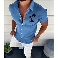 Men's Shirt Solid Color Tree Turndown Standing Collar Street Casual Button-Down Print Half Sleeve Tops Designer Casual Fashion Breathable White Black Blue / Summer miniinthebox - thumbnail