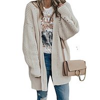 Women's Cardigan Sweater Knitted Solid Color Stylish Basic Casual Long Sleeve Sweater Cardigans Open Front Fall Winter Beige Lightinthebox - thumbnail