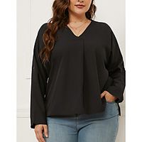 Women's Plus Size Tops Shirt Solid Color Long Sleeve V Neck Casual Fall Winter Black Big Size L XL XXL XXXL 4XL miniinthebox - thumbnail