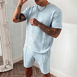 Men's Shirt Suits Shirt Solid Color Short Sleeve Casual Tops Casual Fashion Breathable Comfortable Round Neck Blue miniinthebox