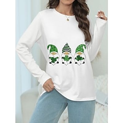 Women's T shirt Tee Shamrock Elf St.Patrick's Day Holiday Black White Green Print Long Sleeve Fashion Round Neck Regular Fit Spring Lightinthebox