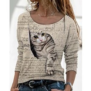 Women's T shirt Tee Gray Cat 3D Print Long Sleeve Daily Weekend Basic Round Neck Regular 3D Cat Painting S miniinthebox
