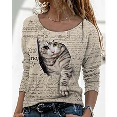 Women's T shirt Tee Gray Cat 3D Print Long Sleeve Daily Weekend Basic Round Neck Regular 3D Cat Painting S miniinthebox