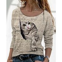 Women's T shirt Tee Gray Cat 3D Print Long Sleeve Daily Weekend Basic Round Neck Regular 3D Cat Painting S miniinthebox - thumbnail