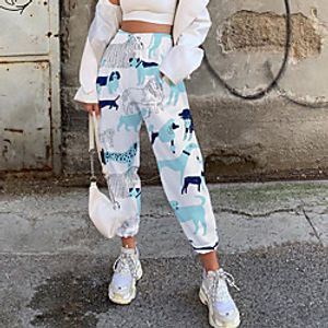 Women's Fashion Casual  Sporty Comfort Fitness Weekend Sweatpants Pants Cat Leopard Animal Full Length Pocket Elastic Drawstring Design Print White Lightinthebox