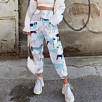 Women's Fashion Casual  Sporty Comfort Fitness Weekend Sweatpants Pants Cat Leopard Animal Full Length Pocket Elastic Drawstring Design Print White Lightinthebox - thumbnail