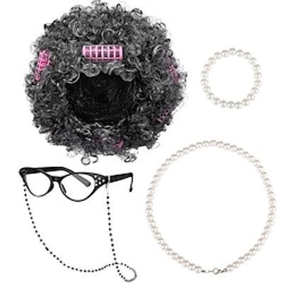 Halloween Old Lady Wig Costume Set Granny Wig with Hair Rollers Glasses Glass Chain Pearl Necklace Bracelet for Halloween Cosplay miniinthebox