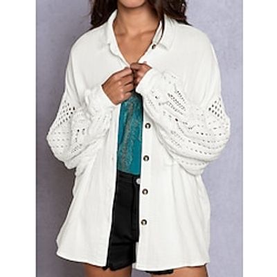 Women's Shirt Blouse Black White Army Green Color Block Lace Patchwork Button Long Sleeve Casual Fashion Shirt Collar Regular Fit Spring   Fall Lightinthebox