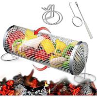 Rolling Grill Basket with Fixed Base Rotatable BBQ Vegetable Grill Basket Stainless Steel BBQ Grilling Mesh Basket for Outdoor Grill Fish Veggies Shrimp Rotisserie Fries Camping Portable BBQ Lightinthebox