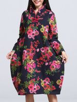 Retro Women Flower Printed Stand Collar Long Sleeve Thicken Dress
