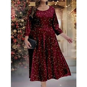 Women's Plus Size Curve Christmas Dress Velvet Dress Casual Dress Solid Color Midi Dress 34 Length Sleeve Crew Neck Fashion Party Wine Fall Winter L XL XXL 3XL 4XL Lightinthebox
