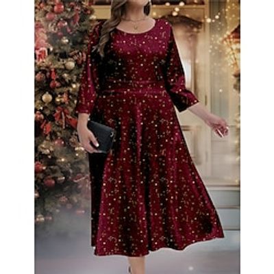 Women's Plus Size Curve Christmas Dress Velvet Dress Casual Dress Solid Color Midi Dress 34 Length Sleeve Crew Neck Fashion Party Wine Fall Winter L XL XXL 3XL 4XL Lightinthebox