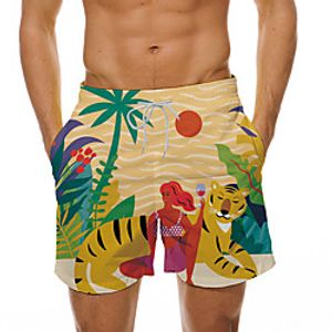 Men's Casual Designer Quick Dry Breathable Beach Swimming Pool Shorts Bermuda shorts Board Shorts Pants Tiger Coconut Tree Animal Short 3D Print Drawstring Elastic Waist Yellow  Summer Lightinthebox