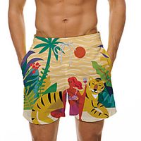 Men's Casual Designer Quick Dry Breathable Beach Swimming Pool Shorts Bermuda shorts Board Shorts Pants Tiger Coconut Tree Animal Short 3D Print Drawstring Elastic Waist Yellow  Summer Lightinthebox - thumbnail