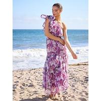 Chiffon Rose Red Floral One Shoulder Short Sleeve Maxi Dress