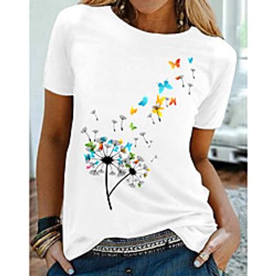 Women's Going out Butterfly Dandelion T shirt Graphic Butterfly Dandelion Print Round Neck Basic Tops White Lightinthebox