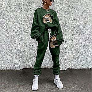 Women's Streetwear Cinched Cat 3D Going out Casual / Daily Two Piece Set Sweatshirt Tracksuit Pant Loungewear Jogger Pants Drawstring Print Tops miniinthebox