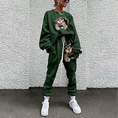 Women's Streetwear Cinched Cat 3D Going out Casual / Daily Two Piece Set Sweatshirt Tracksuit Pant Loungewear Jogger Pants Drawstring Print Tops miniinthebox