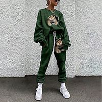 Women's Streetwear Cinched Cat 3D Going out Casual / Daily Two Piece Set Sweatshirt Tracksuit Pant Loungewear Jogger Pants Drawstring Print Tops miniinthebox - thumbnail