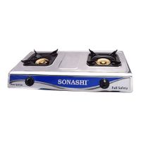 Sonashi Double Gas Burner Stainless Steel Panel Enamel Fixed Pan Support Automatic Ignition System (SGB - 203SFFD)