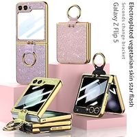 Phone Case For Samsung Galaxy Z Flip 5 Back Cover with Screen Protector Ring Holder Full Body Protective PC Metal PU Leather miniinthebox - thumbnail
