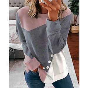 Women's Hoodie Button Color Block Basic Round Neck Standard Winter Pink Lightinthebox