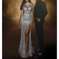 Mermaid  Trumpet Evening Gown Party Dress Masquerade Floor Length Short Sleeve V Neck The Great Gatsby Sequined with Fringe Tassel 2023 Lightinthebox - thumbnail