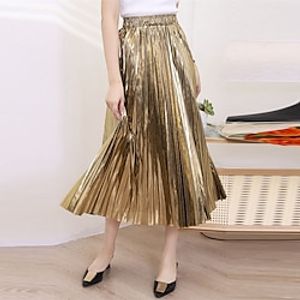 Women's Skirt A Line Swing Midi Polyester Silver Black Gold Skirts Summer Pleated Shiny Metallic High Waist Elegant Fashion Party Street One-Size Lightinthebox