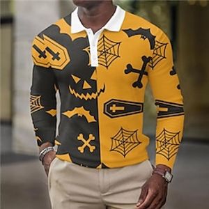 Men's Golf Shirt Bat Spider web Turndown Yellow Long Sleeve 3D Print Halloween Street Button-Down Print Tops Vintage Cool Designer Casual Lightinthebox