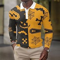 Men's Golf Shirt Bat Spider web Turndown Yellow Long Sleeve 3D Print Halloween Street Button-Down Print Tops Vintage Cool Designer Casual Lightinthebox - thumbnail