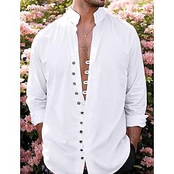 Men's Linen Shirt Shirt Button Up Shirt Casual Shirt Summer Shirt Black White Pink Long Sleeve Plain Band Collar Summer Spring Fall Daily Vacation Clothing Apparel Lightinthebox