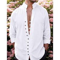 Men's Linen Shirt Shirt Button Up Shirt Casual Shirt Summer Shirt Black White Pink Long Sleeve Plain Band Collar Summer Spring Fall Daily Vacation Clothing Apparel Lightinthebox - thumbnail