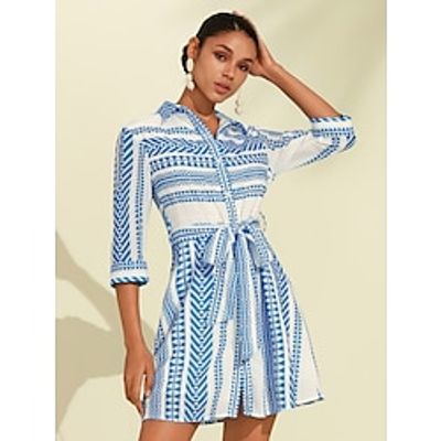 Women's Shirt Dress Mini Dress Blue 40cm Geometic Belted Summer Spring Lapel Vacation S M L Lightinthebox