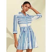 Women's Shirt Dress Mini Dress Blue 40cm Geometic Belted Summer Spring Lapel Vacation S M L Lightinthebox