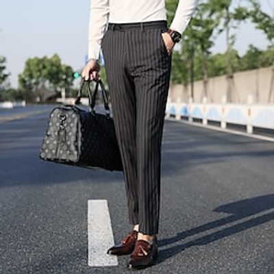Men's Dress Pants Long Stripe Micro-elastic Tailored Fit Black 2023 Lightinthebox