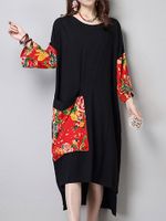 Women Vintage Patchwork Pocket Long Sleeve Loose Dresses