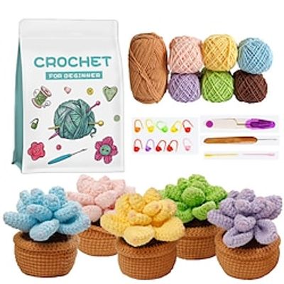 Beginner Crochet Kit for Adults,5pcsset Beginner Crochet Learn to Crochet Kit,Crochet Kits, Succulent Plants Crochet Set, Knitting Kit for Beginners, DIY Crafts with Video Tutorial Lightinthebox