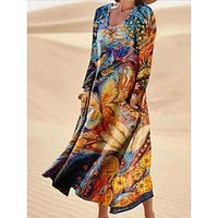 Women's Casual Dress Cotton Linen Dress Swing Dress Midi Dress Polyester Fashion Casual Daily Outdoor Daily Date Crew Neck Print Pocket 34 Length Sleeve Spring Fall Winter 2023 Regular Fit Yellow Lightinthebox - thumbnail