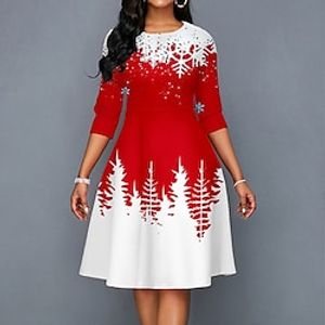 Women's Christmas Work Dress  Knee Length Dress  Red White Half Sleeve Geometric Color Block Snowflake Print Fall Winter Crew Neck Stylish Elegant Loose Fit 2022 S M L XL XXL 3XL miniinthebox