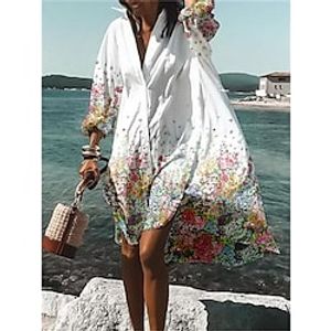 Women's Shirt Dress Casual Dress Swing Dress Mini Dress Outdoor Daily Vacation Polyester Fashion Casual Shirt Collar Button Print Long Sleeve Summer Spring Fall 2023 Loose Fit White Blue Purple Floral Lightinthebox