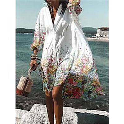 Women's Shirt Dress Casual Dress Swing Dress Mini Dress Outdoor Daily Vacation Polyester Fashion Casual Shirt Collar Button Print Long Sleeve Summer Spring Fall 2023 Loose Fit White Blue Purple Floral Lightinthebox